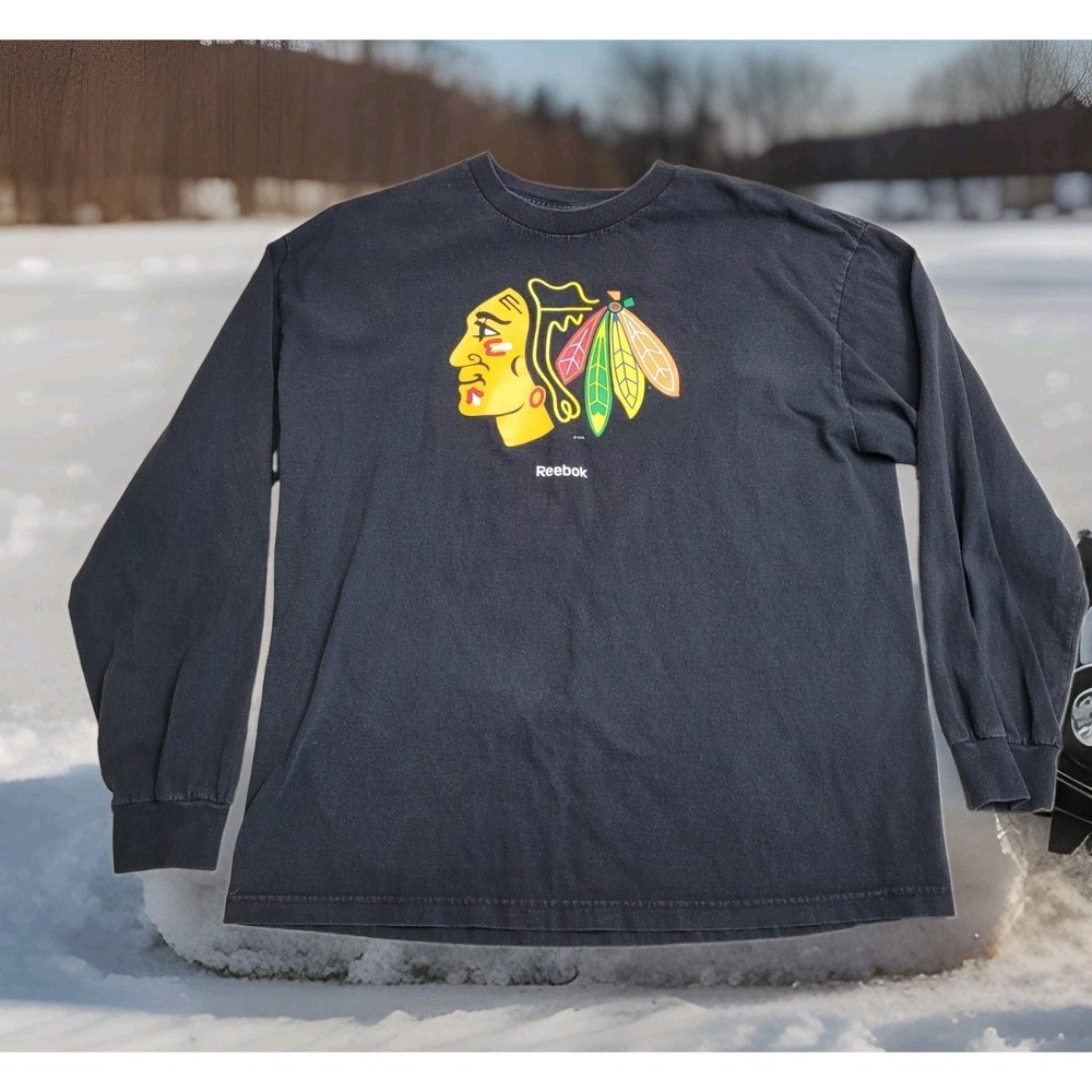 🏒Vintage Reebok Chicago Blackhawks T-Shirt Mens XL Black NHL Logo Long Sleeve